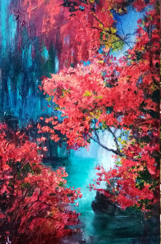 peinture huile, arbre, couleur pourpre, contrastes et lumières