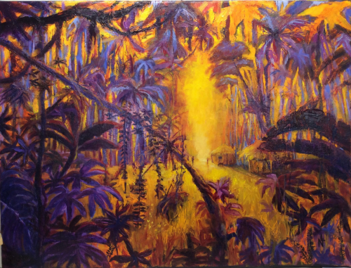 peinture à l'huile, soleil, spiritualité picturale, tableau de jungle. Les couleurs se mèlent et semblent fondre sous un soleil éclatant.